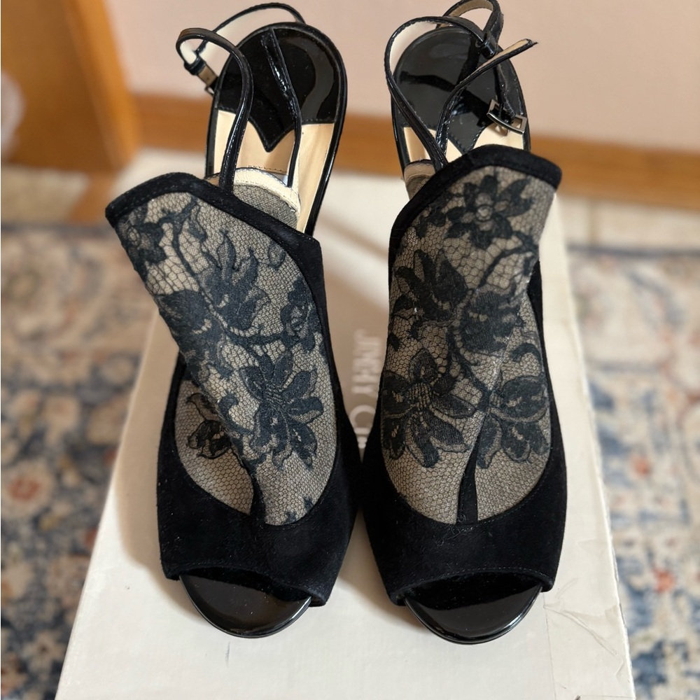 JIMMY CHOO Maylen Suede Floral Lace Black Sling back Bootie size 40.5